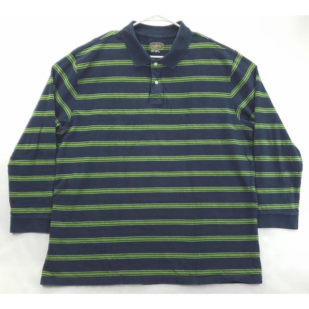 The Foundry Polo Shirt Mens 2XLT Blue Green Striped 100% Cotton Long Sleeve Golf